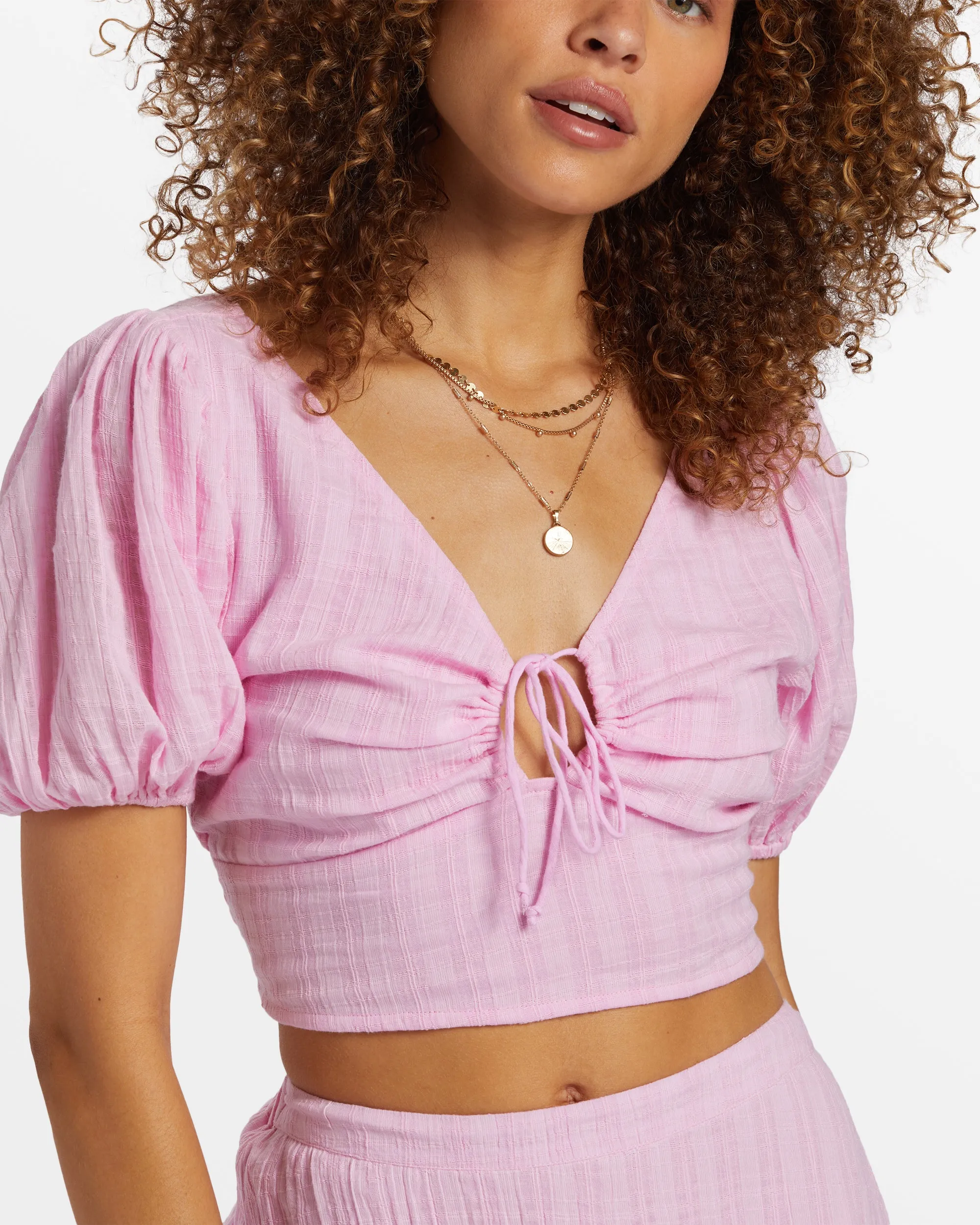 Tropic Heart Puff Sleeve Crop Top - Pink Dream