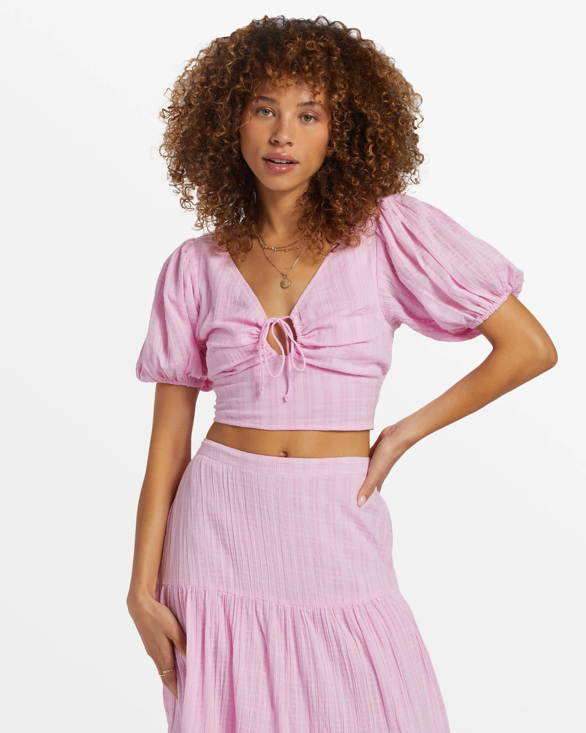 Tropic Heart Puff Sleeve Crop Top - Pink Dream