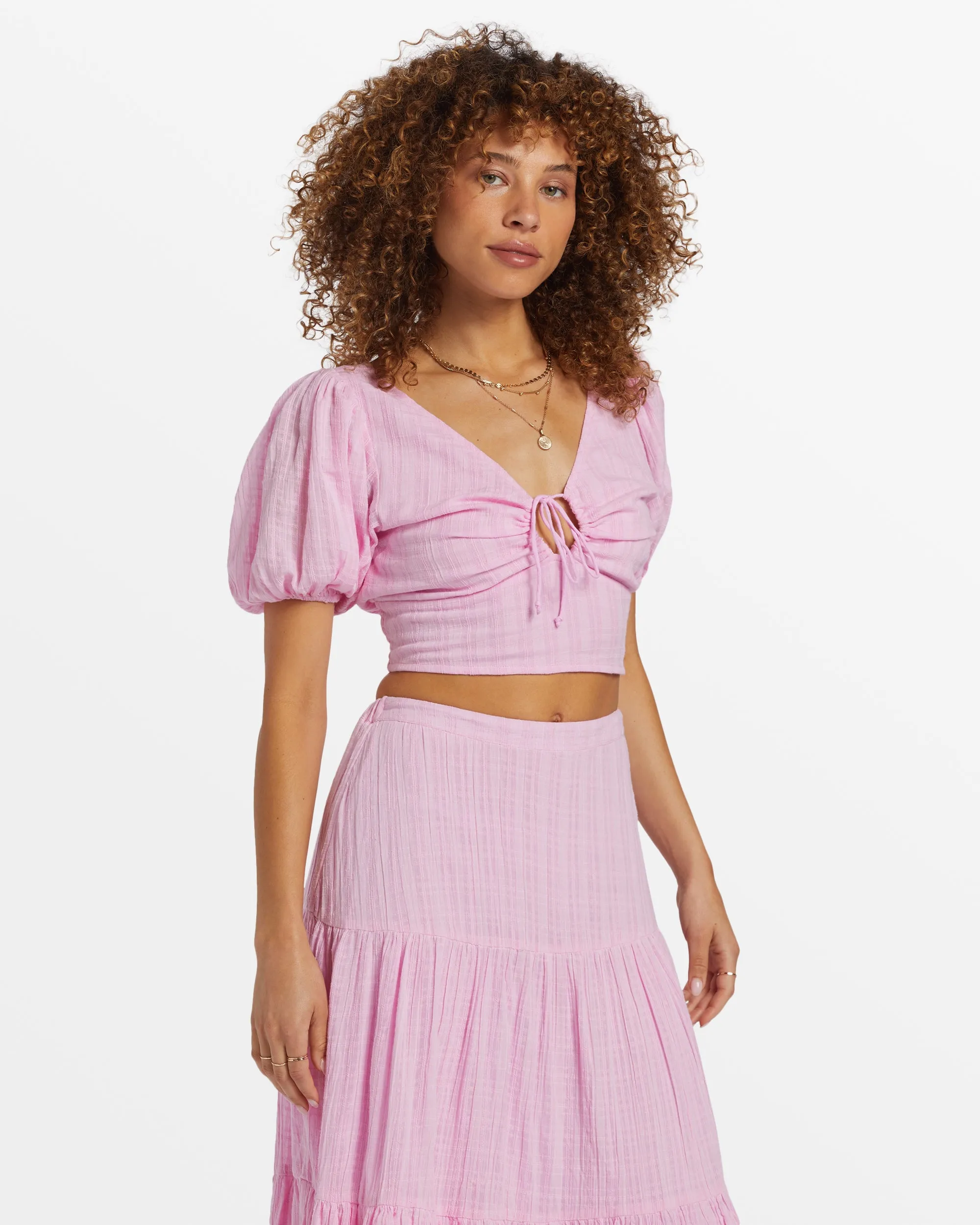 Tropic Heart Puff Sleeve Crop Top - Pink Dream