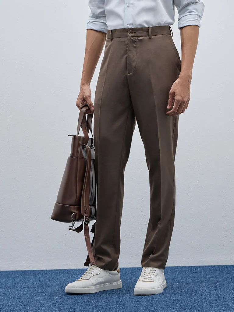 WES Formals Dark Brown Mid-Rise Relaxed-Fit Trousers