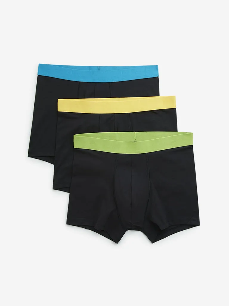 WES Lounge Black Solid Cotton Blend Trunks - Pack of 3