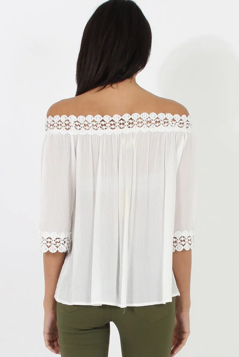 White Bardot Crochet Top - Aliza