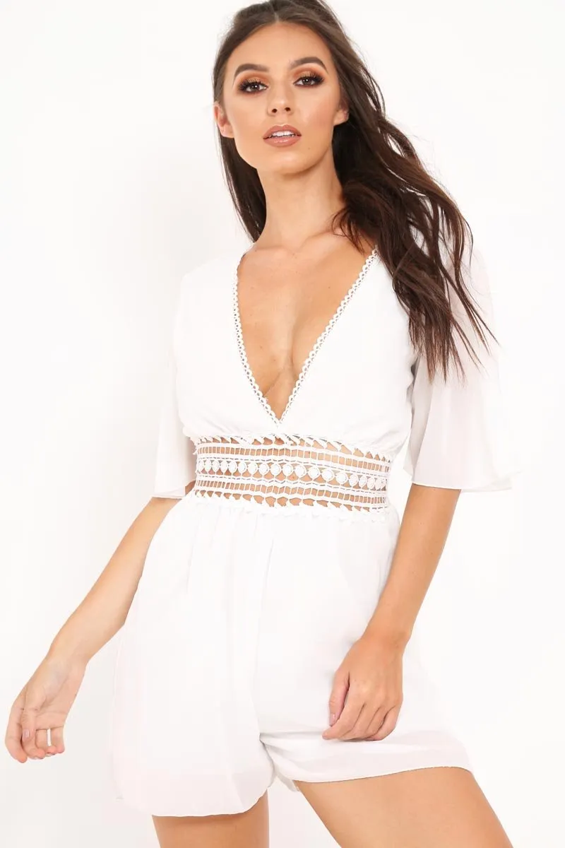 White Crochet Plunge Playsuit -Moana