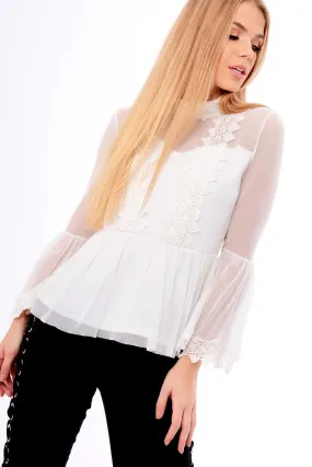 White Mesh Crochet Bell Sleeve High Neck Blouse - Loretta