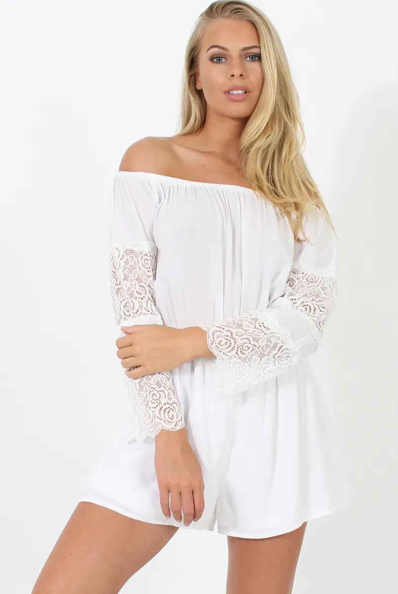 White Off Shoulder Crochet Detail Playsuit - Koran