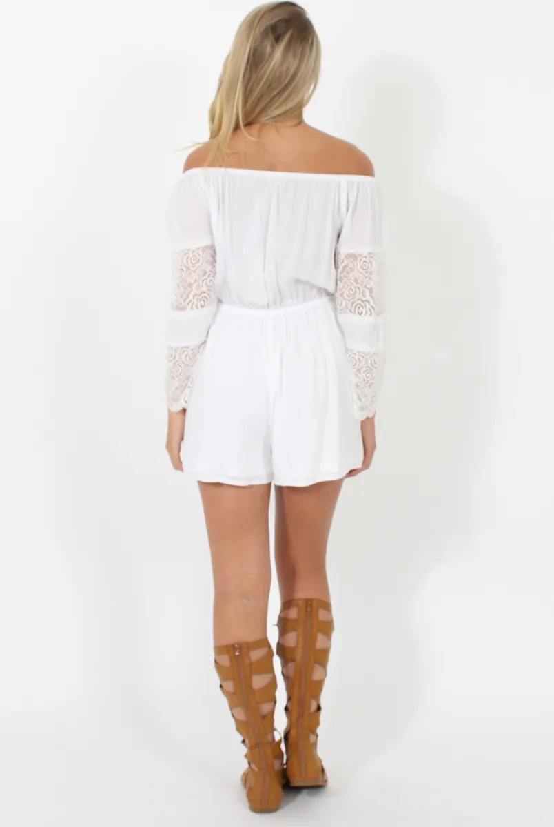 White Off Shoulder Crochet Detail Playsuit - Koran