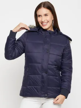 Women's Casual  Blue Quilted Detachable Hood with Faux Fur trim Puffer Jacket