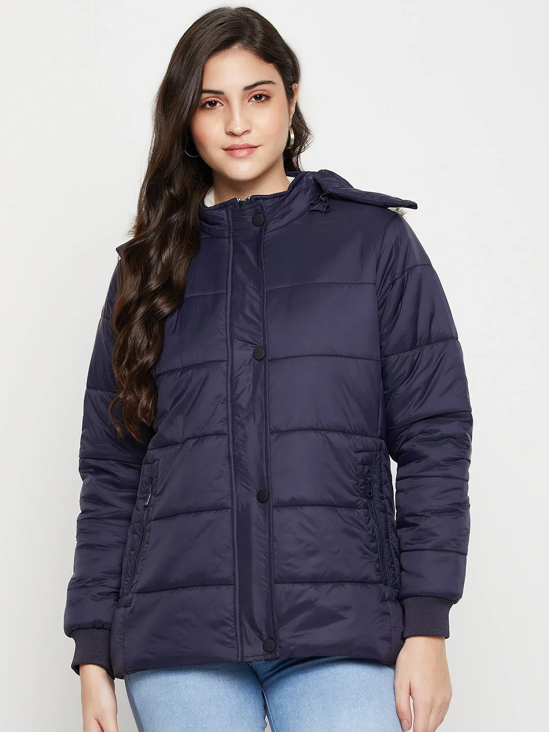 Women's Casual  Navy Blue Quilted Detachable Hood with Faux Fur trim Jacket