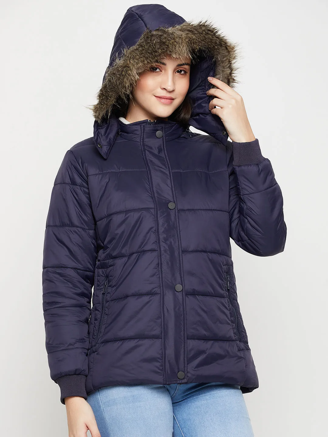 Women's Casual  Navy Blue Quilted Detachable Hood with Faux Fur trim Jacket