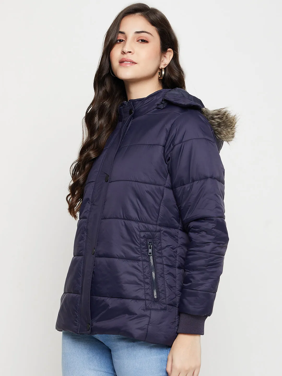 Women's Casual  Navy Blue Quilted Detachable Hood with Faux Fur trim Jacket