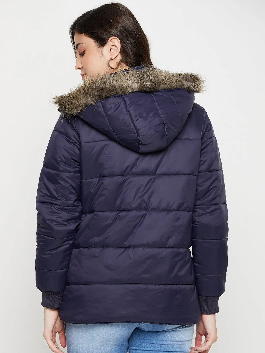 Women's Casual  Navy Blue Quilted Detachable Hood with Faux Fur trim Jacket