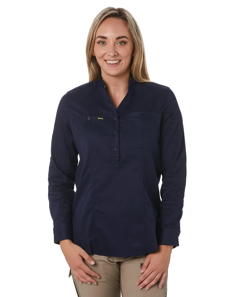 Womens Stretch V-Neck Closed Front Shirt - Navy