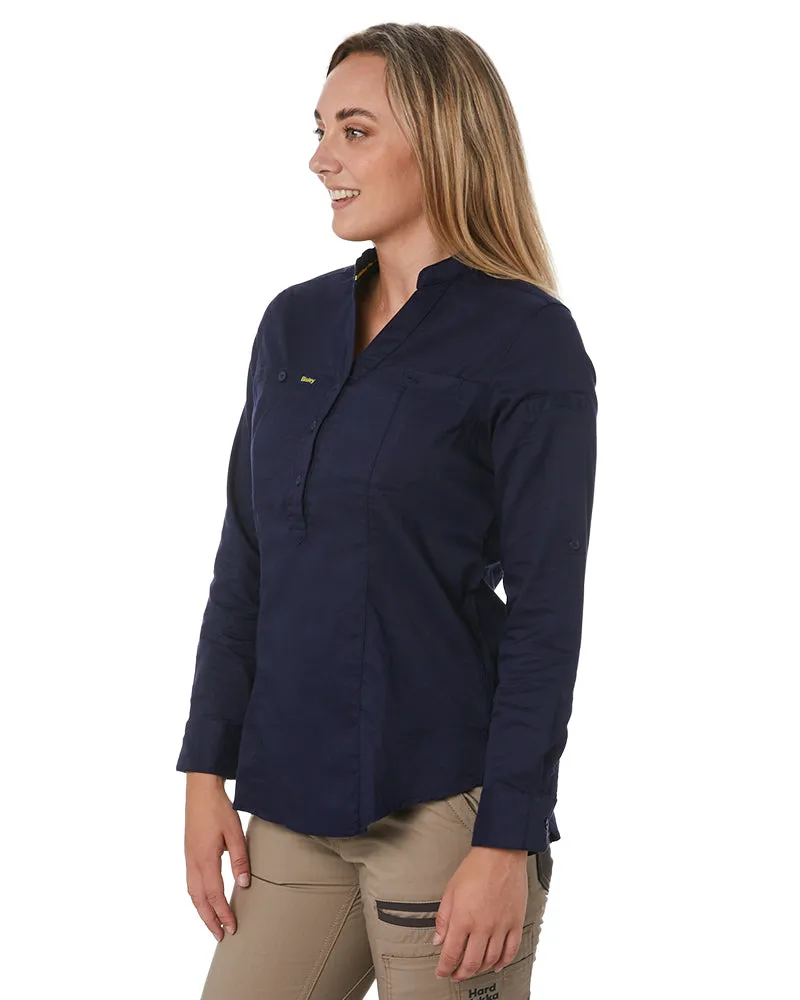 Womens Stretch V-Neck Closed Front Shirt - Navy