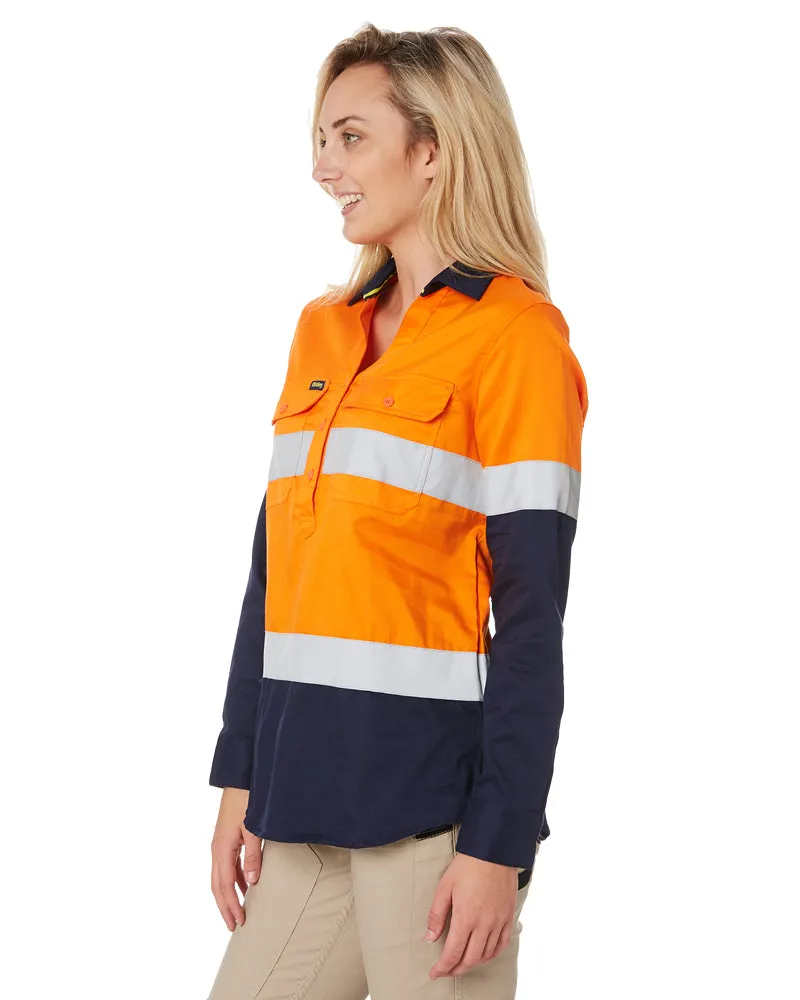 Womens Taped Hi Vis Stretch V-Neck Shirt - Orange/Navy