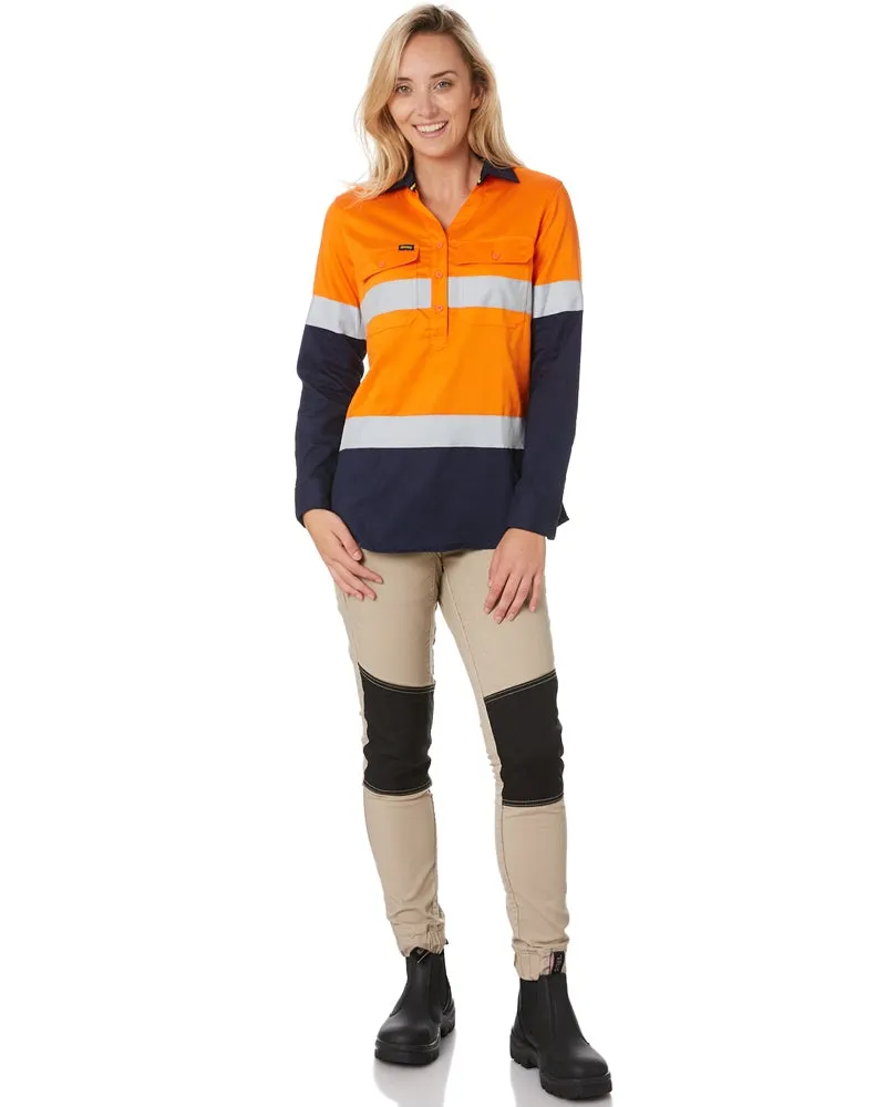 Womens Taped Hi Vis Stretch V-Neck Shirt - Orange/Navy