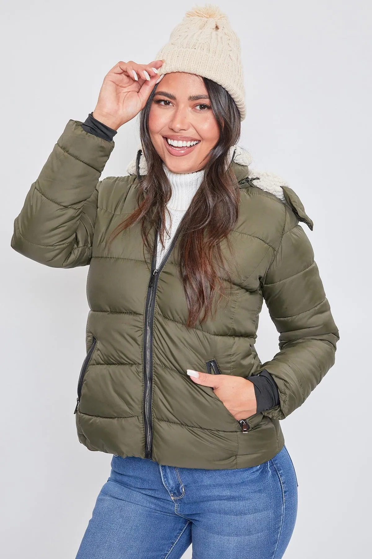 Women's Winter Puffer Jacket With Sherpa Fur Hoodie