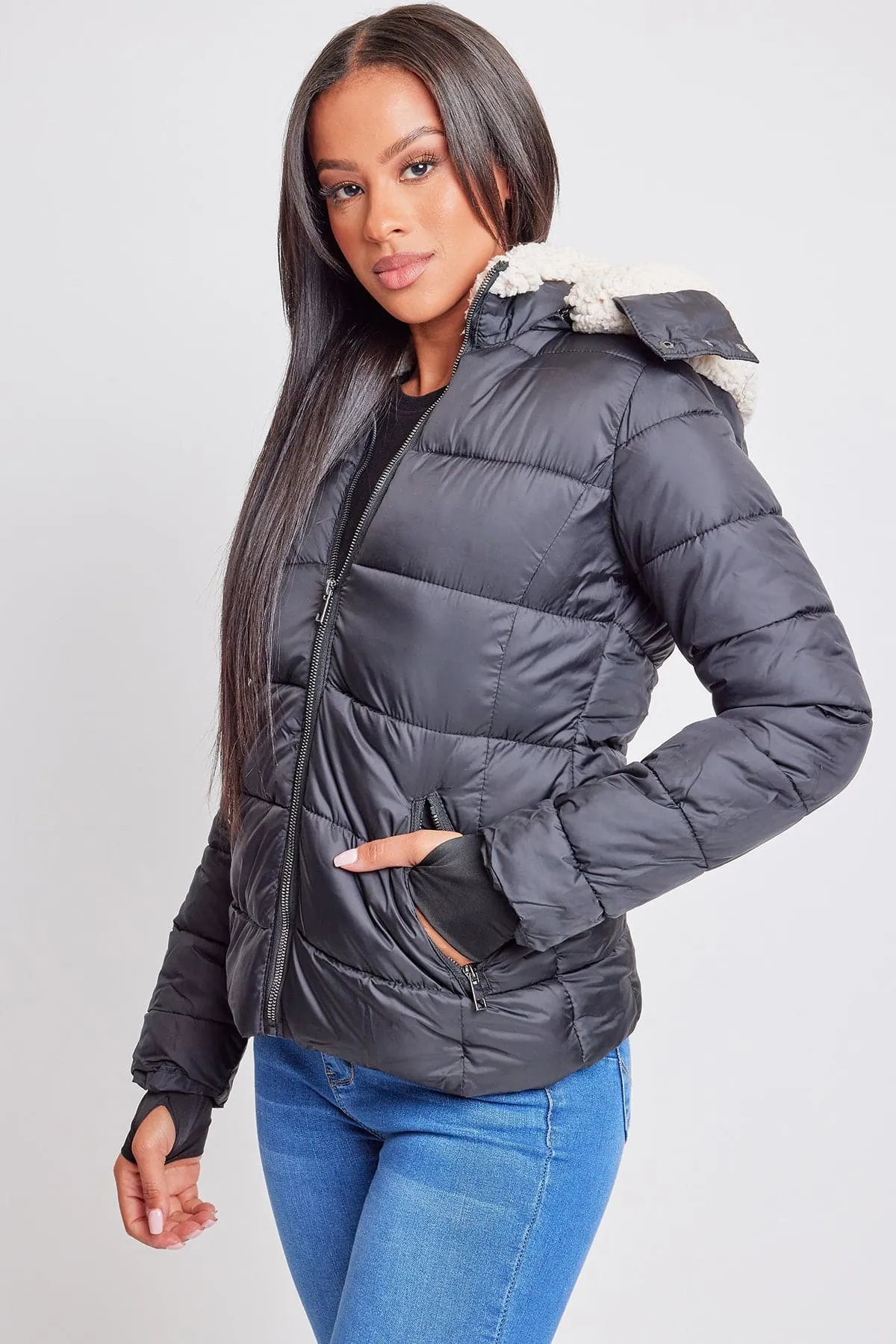 Women's Winter Puffer Jacket With Sherpa Fur Hoodie