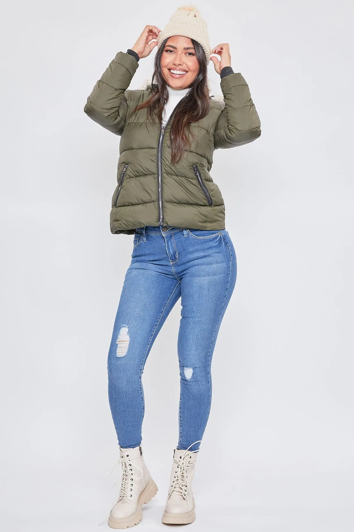 Women's Winter Puffer Jacket With Sherpa Fur Hoodie