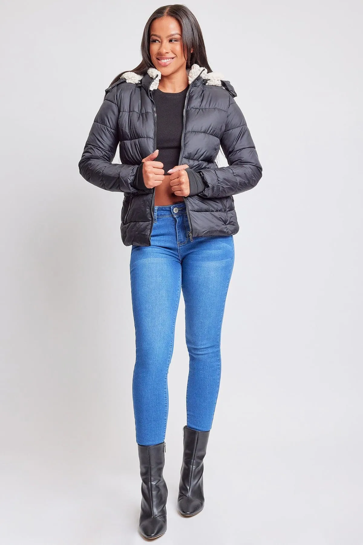 Women's Winter Puffer Jacket With Sherpa Fur Hoodie