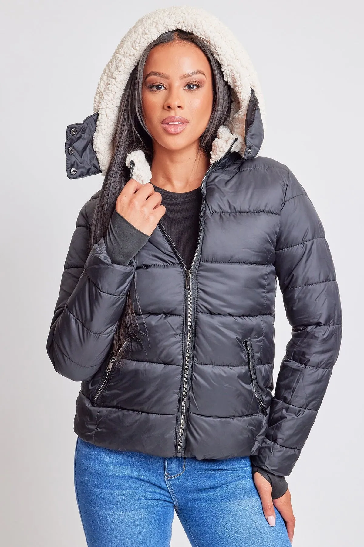 Women's Winter Puffer Jacket With Sherpa Fur Hoodie