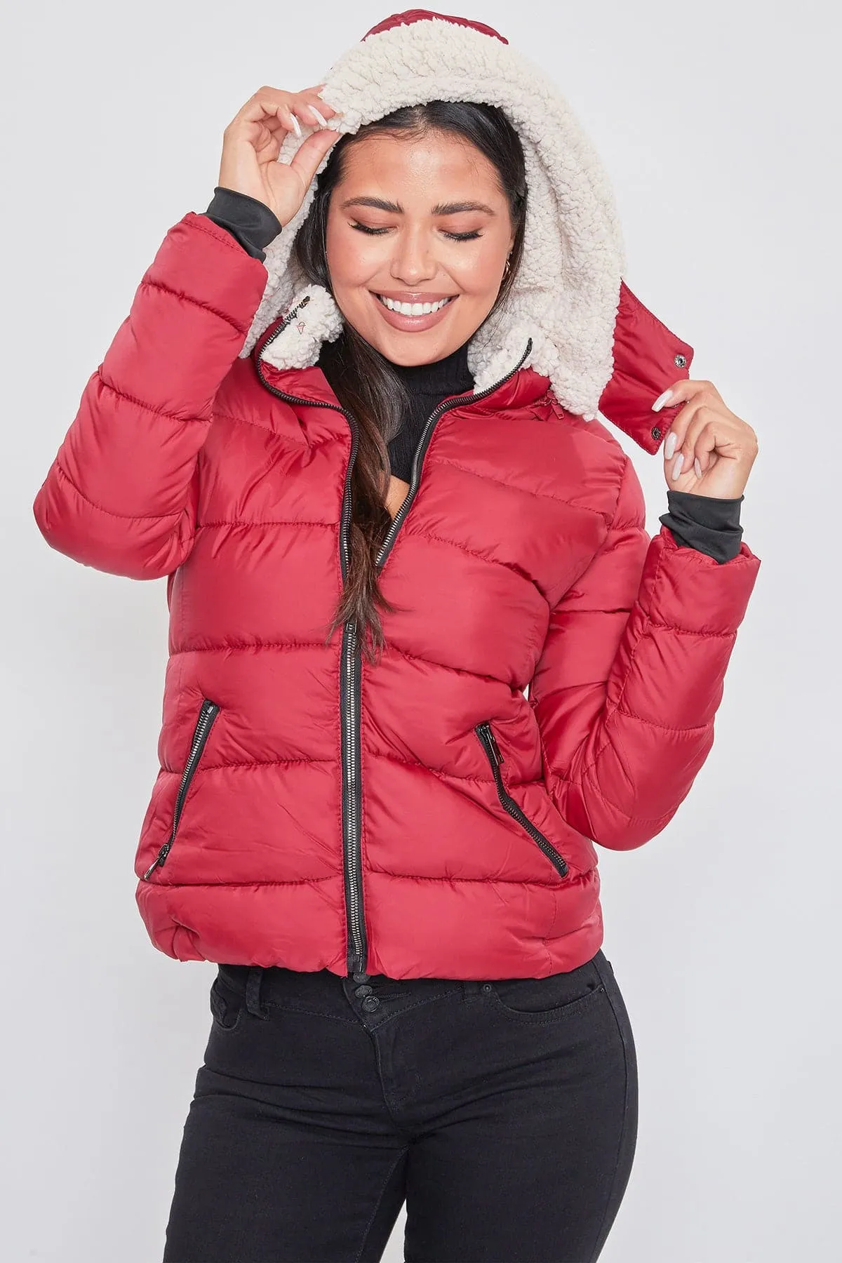 Women's Winter Puffer Jacket With Sherpa Fur Hoodie