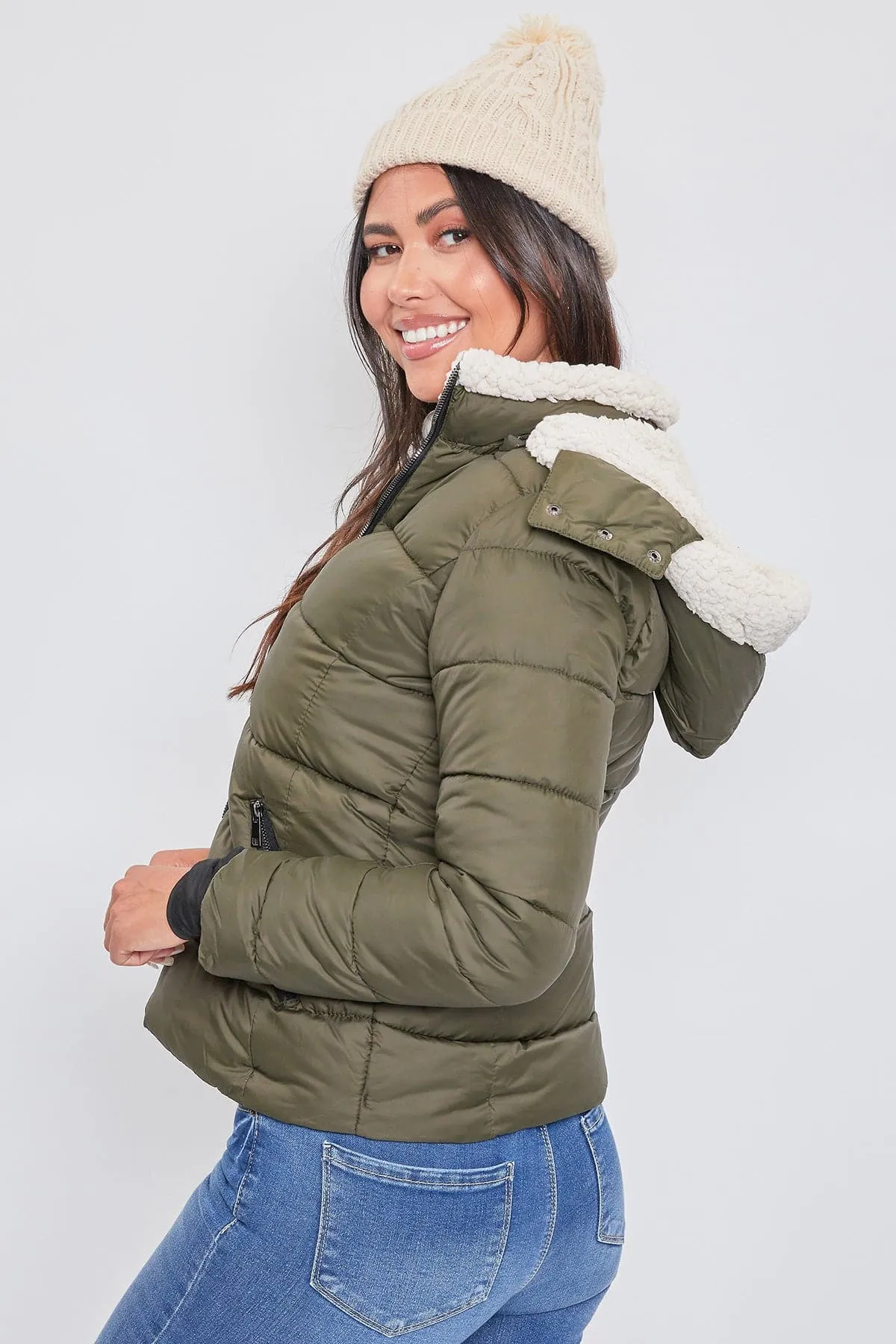 Women's Winter Puffer Jacket With Sherpa Fur Hoodie